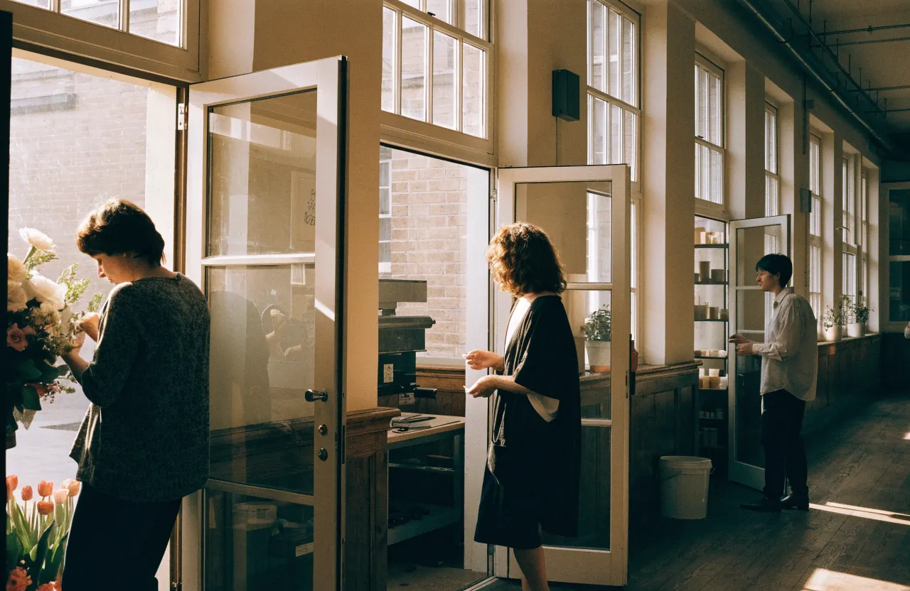 A hallway of small open shop doors in a shared maker building, morning light